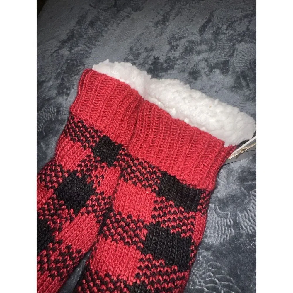 Women's Slipper Socks Buffalo Check Plaid Sherpa Lined  Red/Black Size 4-10. N